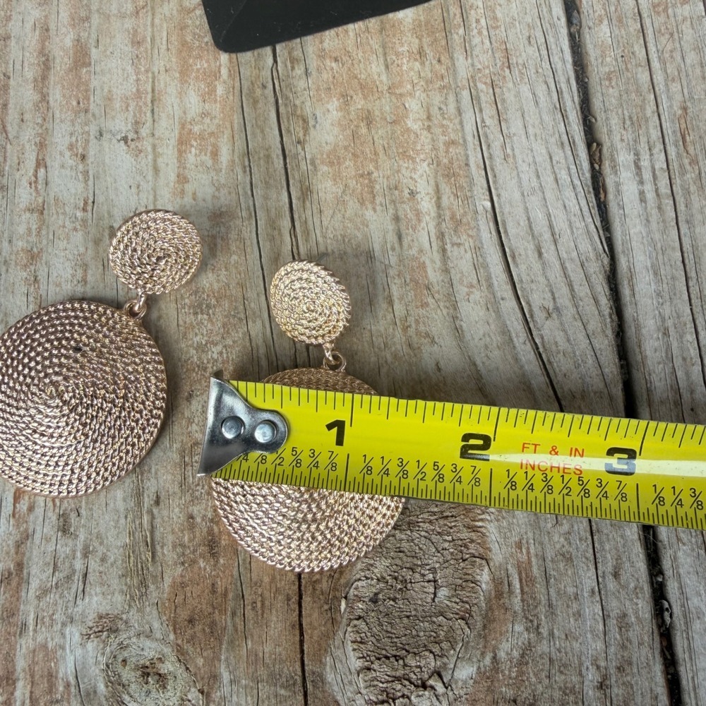Gold Tone Rope Textured Spiral Disc Dangle Statement Earrings Boho Costume - Picture 5 of 5